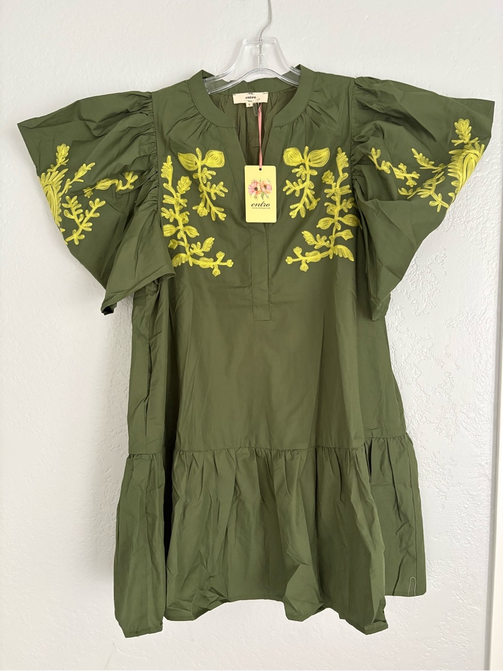 ❤️ NEW Elegant  entro Olive Green Dress with Yellow Floral Embroidery